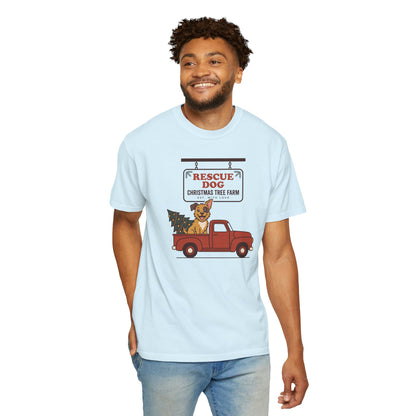 Rescue Dog Christmas Shirt, Red Truck Christmas Tree Farm Comfort Colors Tee