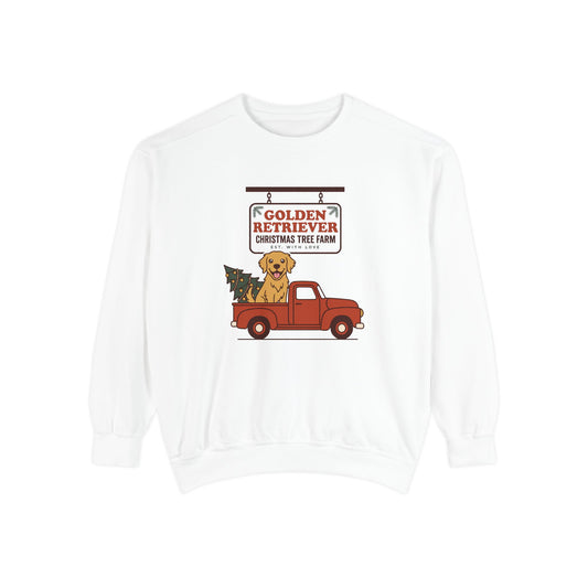 Golden Retriever Christmas Sweatshirt, Red Truck Christmas Tree Farm Comfort Colors Crewneck