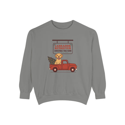 Labrador Retriever Christmas Sweatshirt, Red Truck Christmas Tree Farm Comfort Colors Crewneck