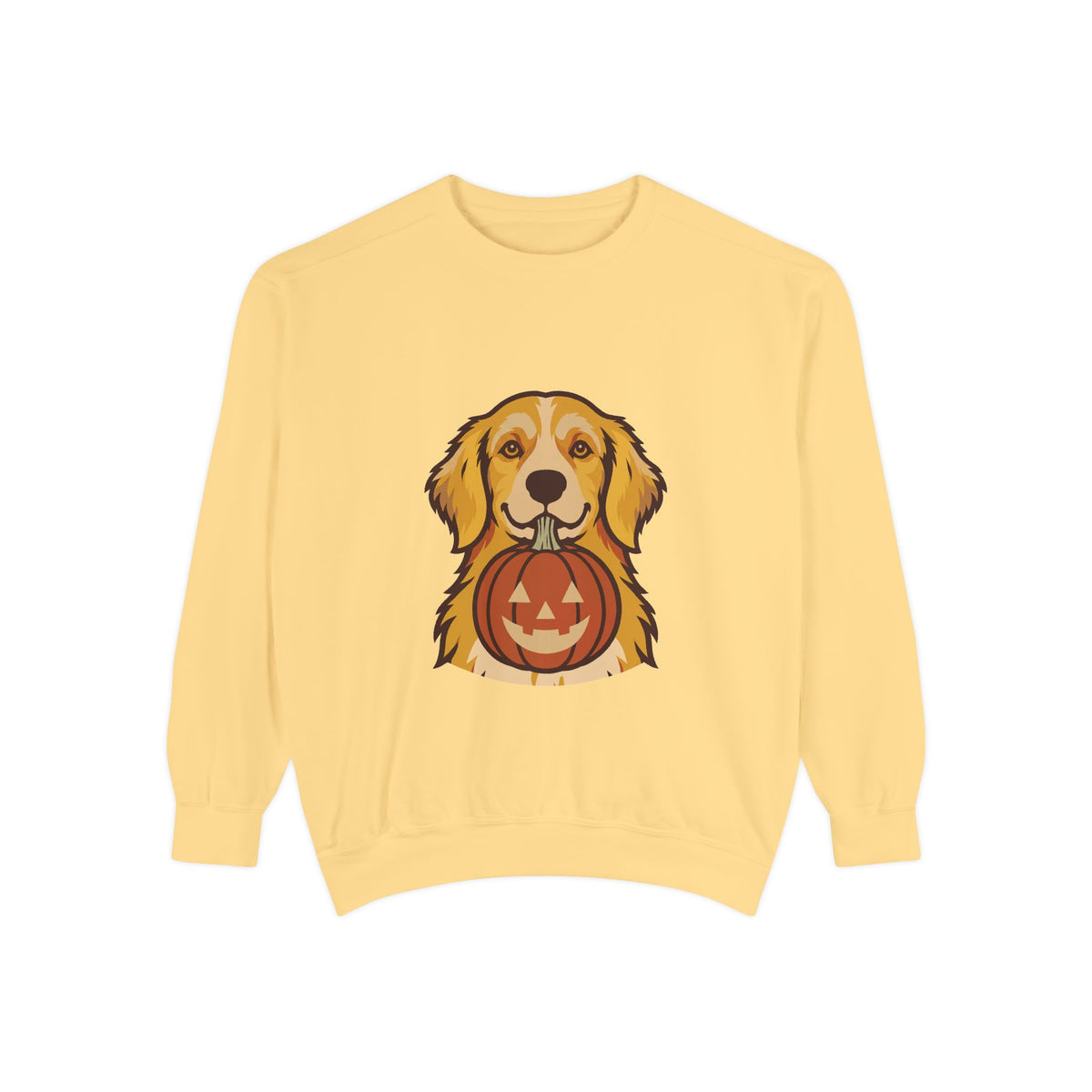 Golden Retriever Halloween Sweatshirt — Dog with Pumpkin Comfort Colors Crewneck