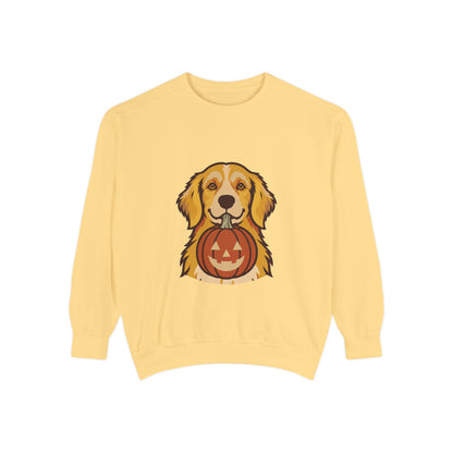 Golden Retriever Halloween Sweatshirt — Dog with Pumpkin Comfort Colors Crewneck