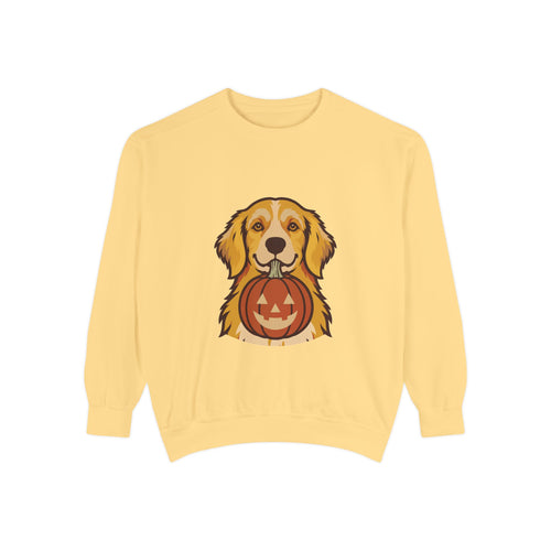 Golden Retriever Halloween Sweatshirt — Dog with Pumpkin Comfort Colors Crewneck
