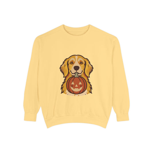 Golden Retriever Halloween Sweatshirt — Dog with Pumpkin Comfort Colors Crewneck