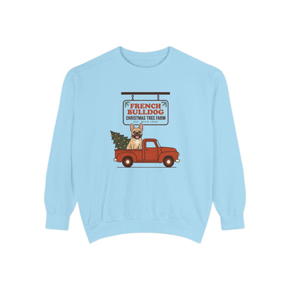 French Bulldog Christmas Sweatshirt, Red Truck Christmas Tree Farm Comfort Colors Crewneck