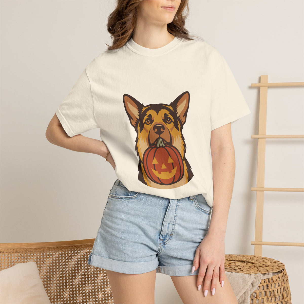 German Shepherd Halloween Shirt — Dog with Pumpkin Comfort Colors Tee