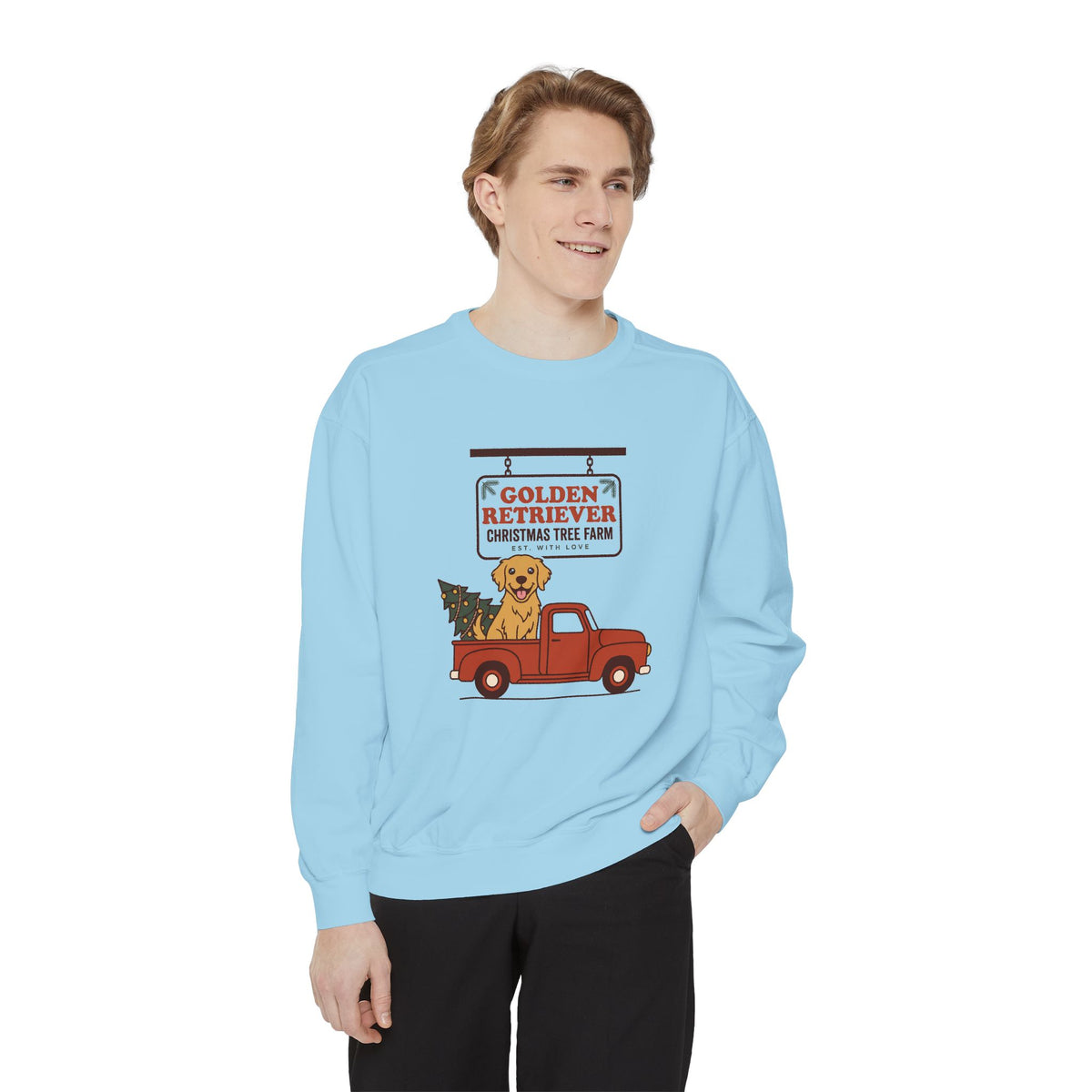 Golden Retriever Christmas Sweatshirt, Red Truck Christmas Tree Farm Comfort Colors Crewneck