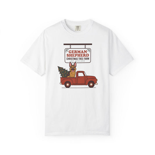 German Shepherd Christmas Shirt, Red Truck Christmas Tree Farm Comfort Colors Tee
