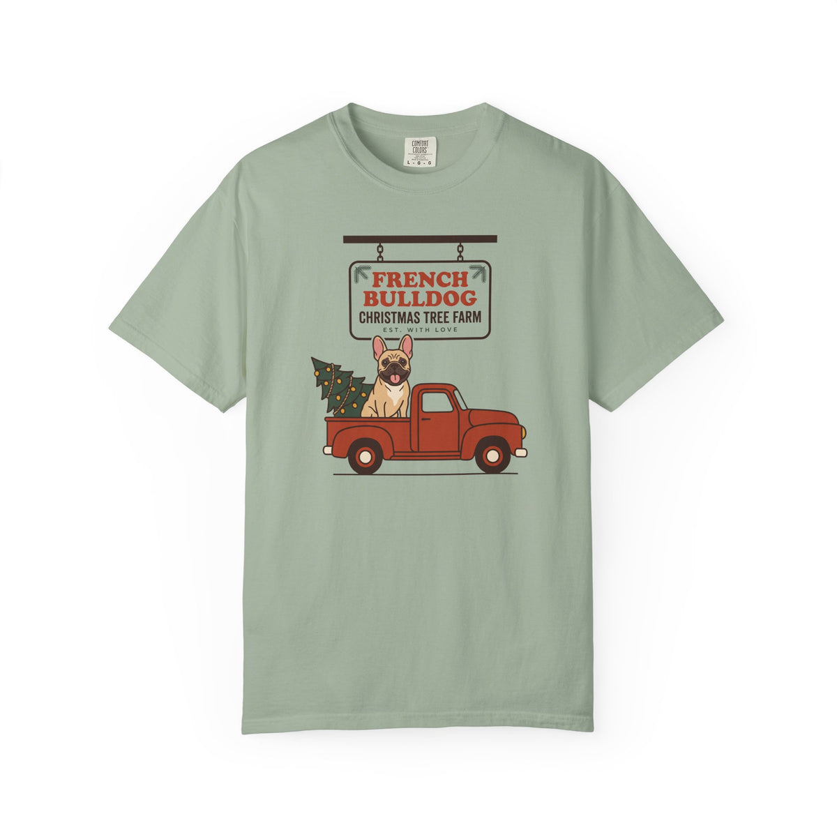 French Bulldog Christmas Shirt, Red Truck Christmas Tree Farm Comfort Colors Tee