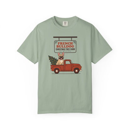 French Bulldog Christmas Shirt, Red Truck Christmas Tree Farm Comfort Colors Tee
