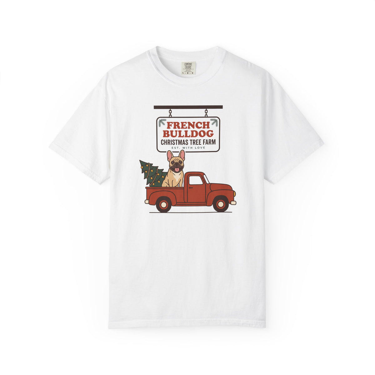 French Bulldog Christmas Shirt, Red Truck Christmas Tree Farm Comfort Colors Tee