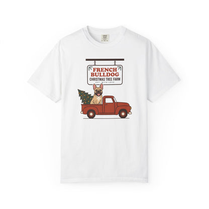 French Bulldog Christmas Shirt, Red Truck Christmas Tree Farm Comfort Colors Tee