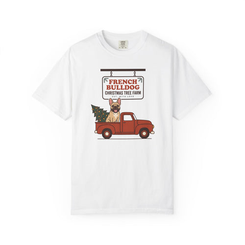 French Bulldog Christmas Shirt, Red Truck Christmas Tree Farm Comfort Colors Tee