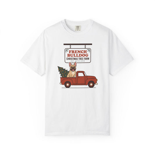 French Bulldog Christmas Shirt, Red Truck Christmas Tree Farm Comfort Colors Tee