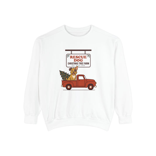 Rescue Dog Christmas Sweatshirt, Red Truck Christmas Tree Farm Comfort Colors Crewneck