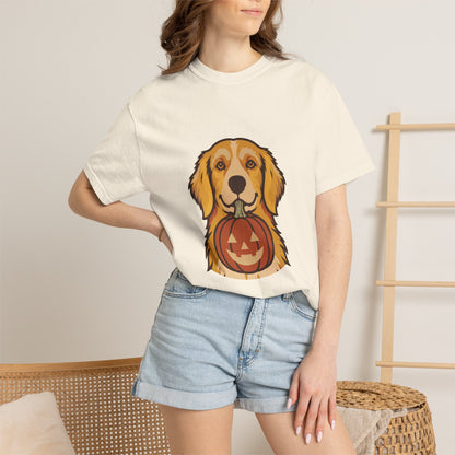 Golden Retriever Halloween Shirt — Dog with Pumpkin Comfort Colors Tee