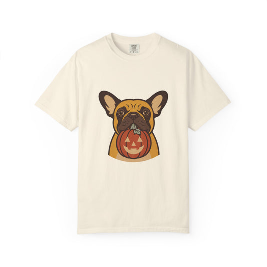 French Bulldog Halloween Shirt — Dog with Pumpkin Comfort Colors Tee