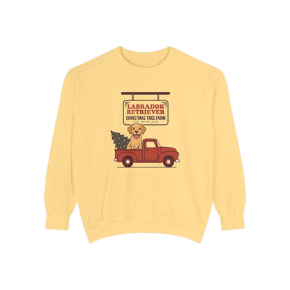 Labrador Retriever Christmas Sweatshirt, Red Truck Christmas Tree Farm Comfort Colors Crewneck
