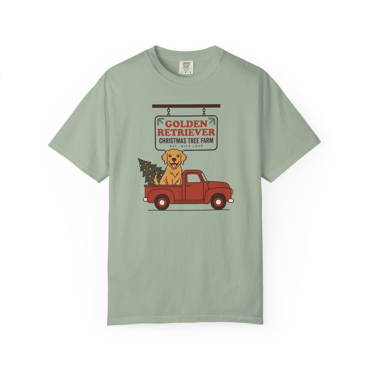 Golden Retriever Christmas Shirt, Red Truck Christmas Tree Farm Comfort Colors Tee