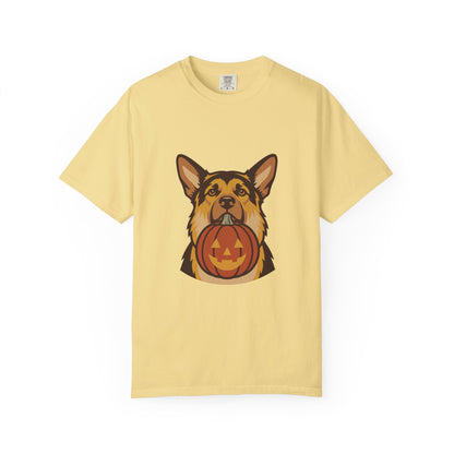German Shepherd Halloween Shirt — Dog with Pumpkin Comfort Colors Tee