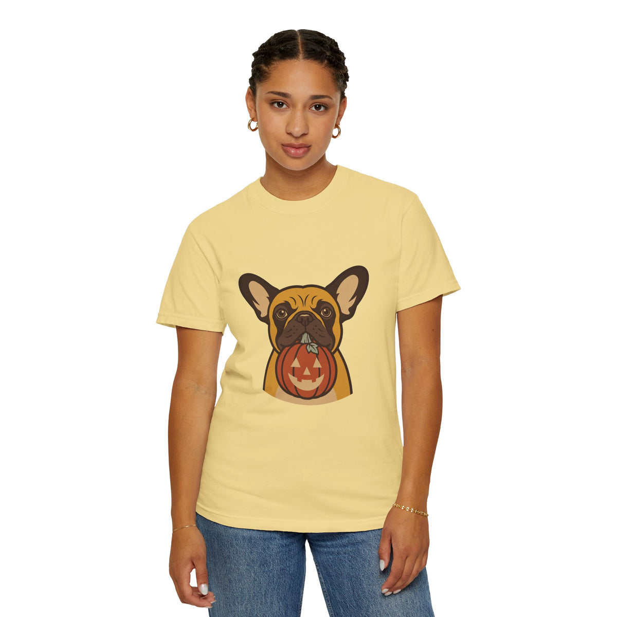 French Bulldog Halloween Shirt — Dog with Pumpkin Comfort Colors Tee