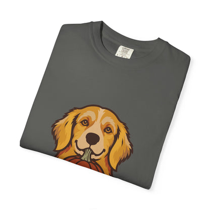 Golden Retriever Halloween Shirt — Dog with Pumpkin Comfort Colors Tee