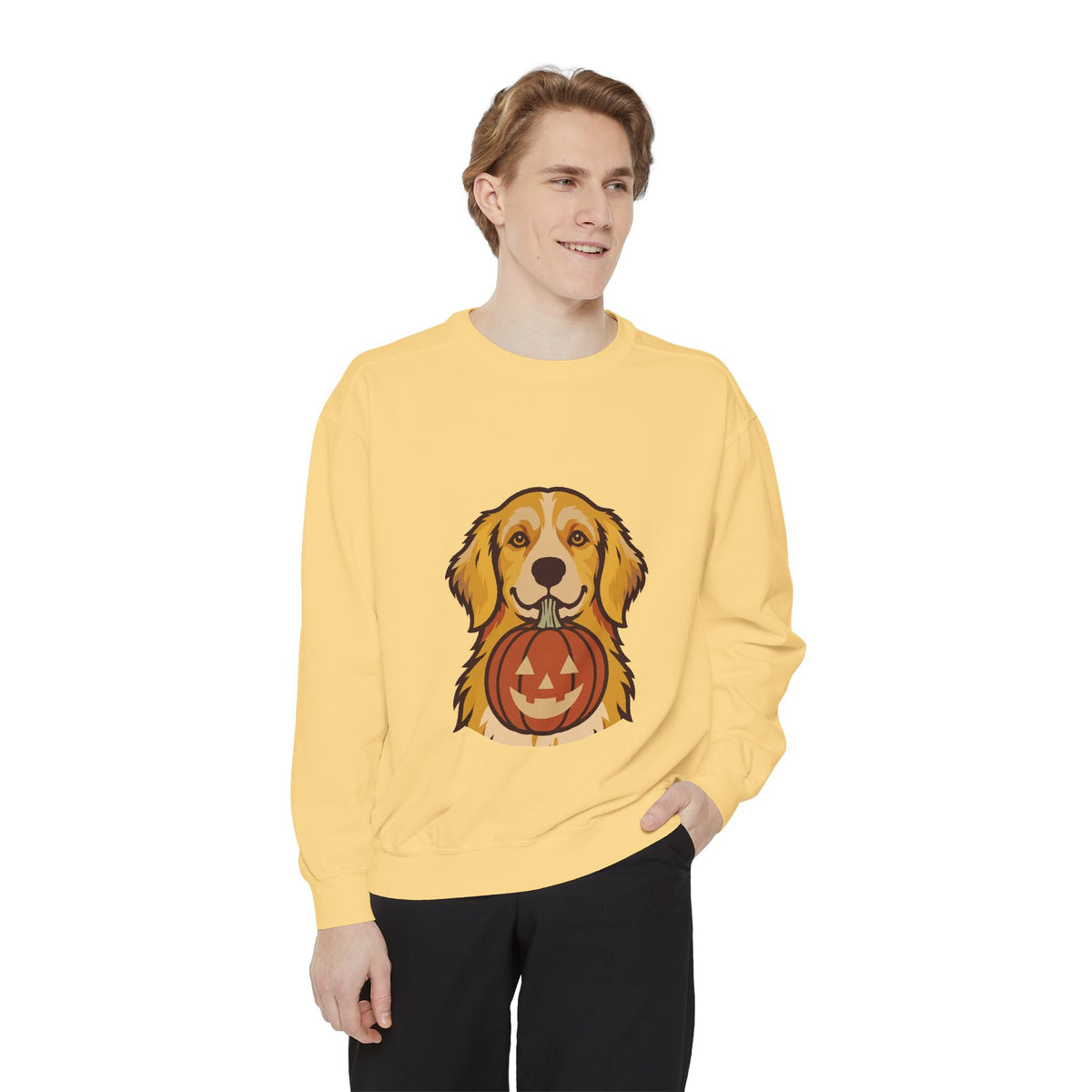 Golden Retriever Halloween Sweatshirt — Dog with Pumpkin Comfort Colors Crewneck