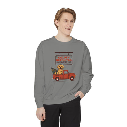 Golden Retriever Christmas Sweatshirt, Red Truck Christmas Tree Farm Comfort Colors Crewneck