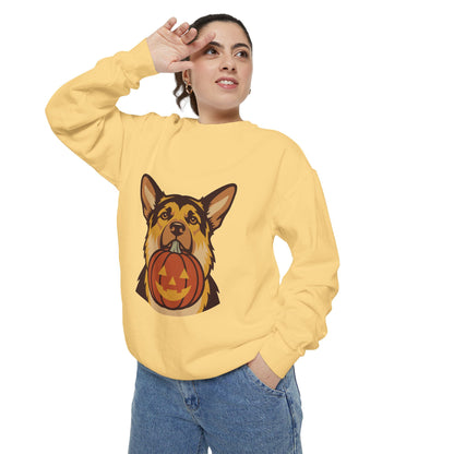 German Shepherd Halloween Sweatshirt — Dog with Pumpkin Comfort Colors Crewneck
