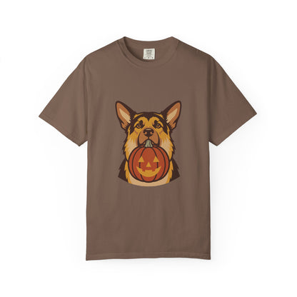 German Shepherd Halloween Shirt — Dog with Pumpkin Comfort Colors Tee