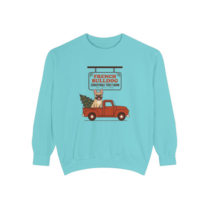 French Bulldog Christmas Sweatshirt, Red Truck Christmas Tree Farm Comfort Colors Crewneck