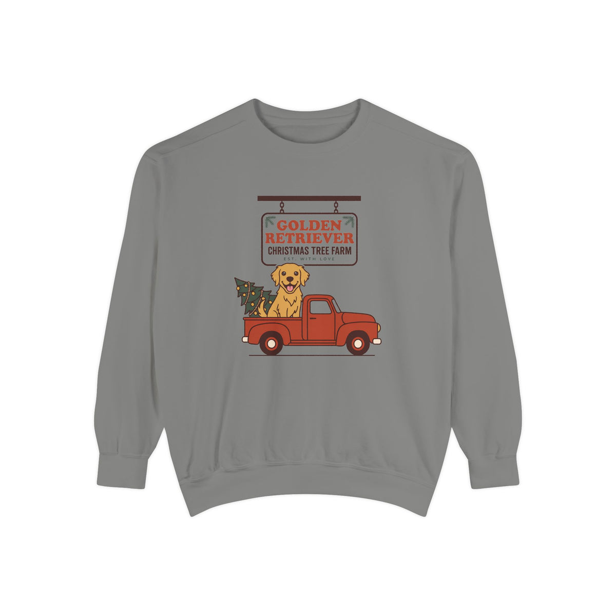 Golden Retriever Christmas Sweatshirt, Red Truck Christmas Tree Farm Comfort Colors Crewneck