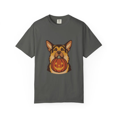 German Shepherd Halloween Shirt — Dog with Pumpkin Comfort Colors Tee