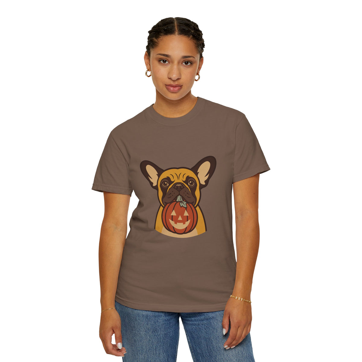 French Bulldog Halloween Shirt — Dog with Pumpkin Comfort Colors Tee