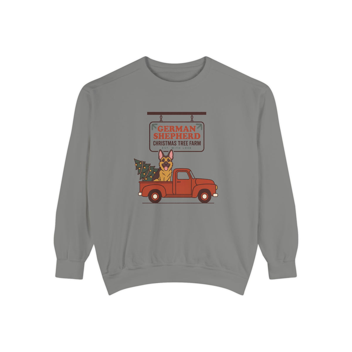 German Shepherd Christmas Sweatshirt, Red Truck Christmas Tree Farm Comfort Colors Crewneck