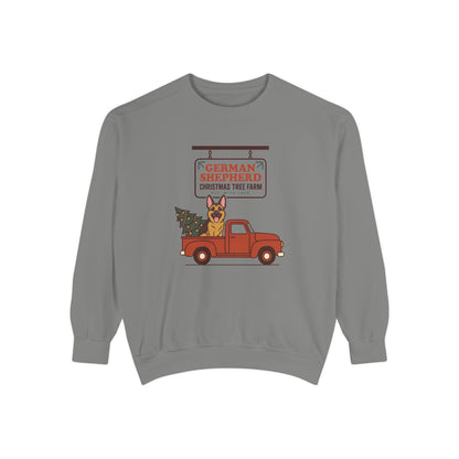 German Shepherd Christmas Sweatshirt, Red Truck Christmas Tree Farm Comfort Colors Crewneck