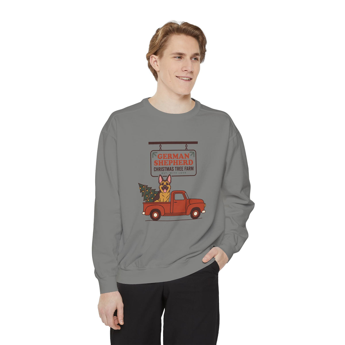 German Shepherd Christmas Sweatshirt, Red Truck Christmas Tree Farm Comfort Colors Crewneck