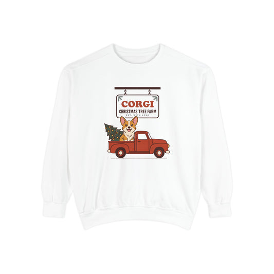 Corgi Christmas Sweatshirt, Red Truck Christmas Tree Farm Comfort Colors Crewneck