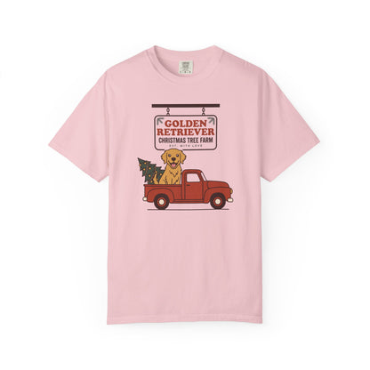 Golden Retriever Christmas Shirt, Red Truck Christmas Tree Farm Comfort Colors Tee