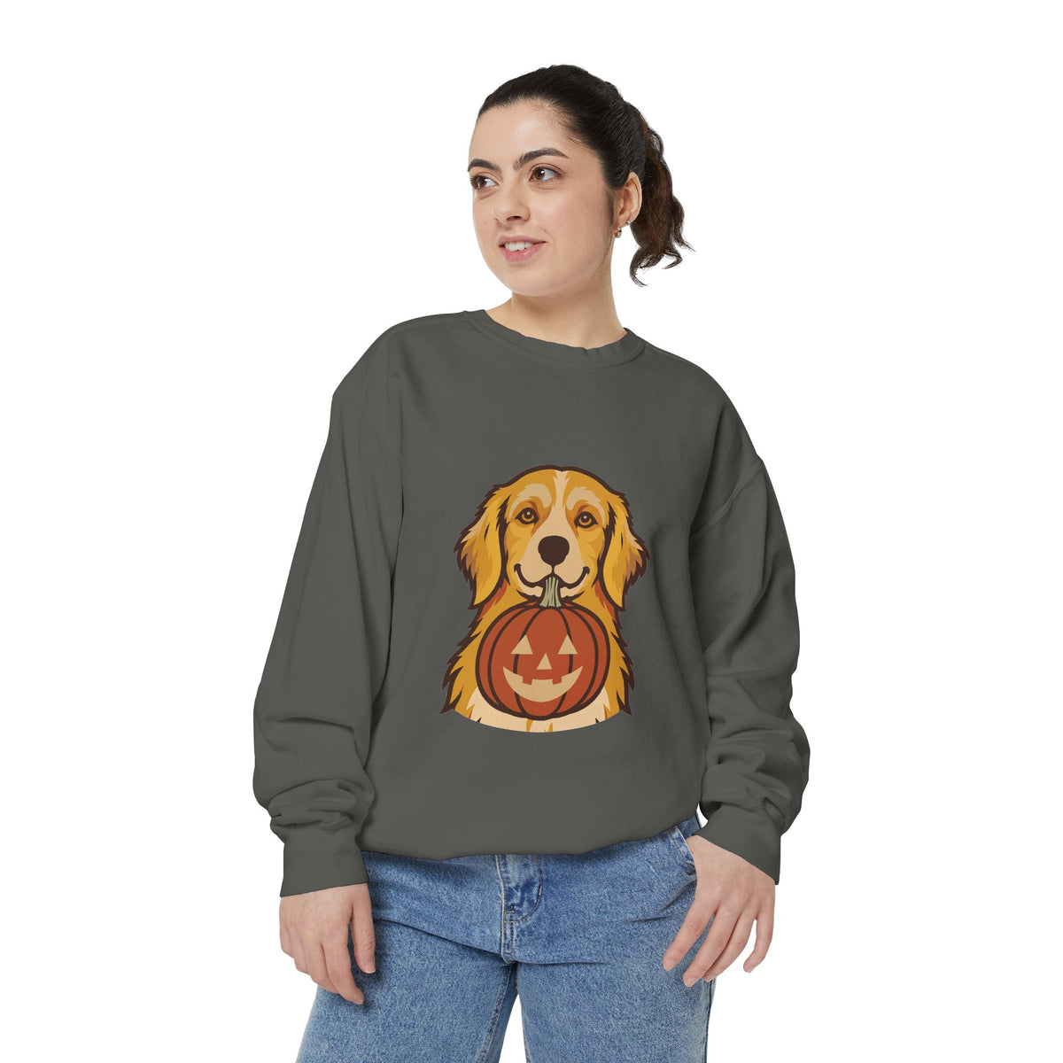 Golden Retriever Halloween Sweatshirt — Dog with Pumpkin Comfort Colors Crewneck
