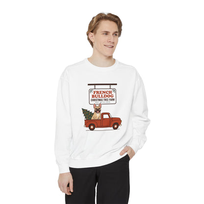 French Bulldog Christmas Sweatshirt, Red Truck Christmas Tree Farm Comfort Colors Crewneck