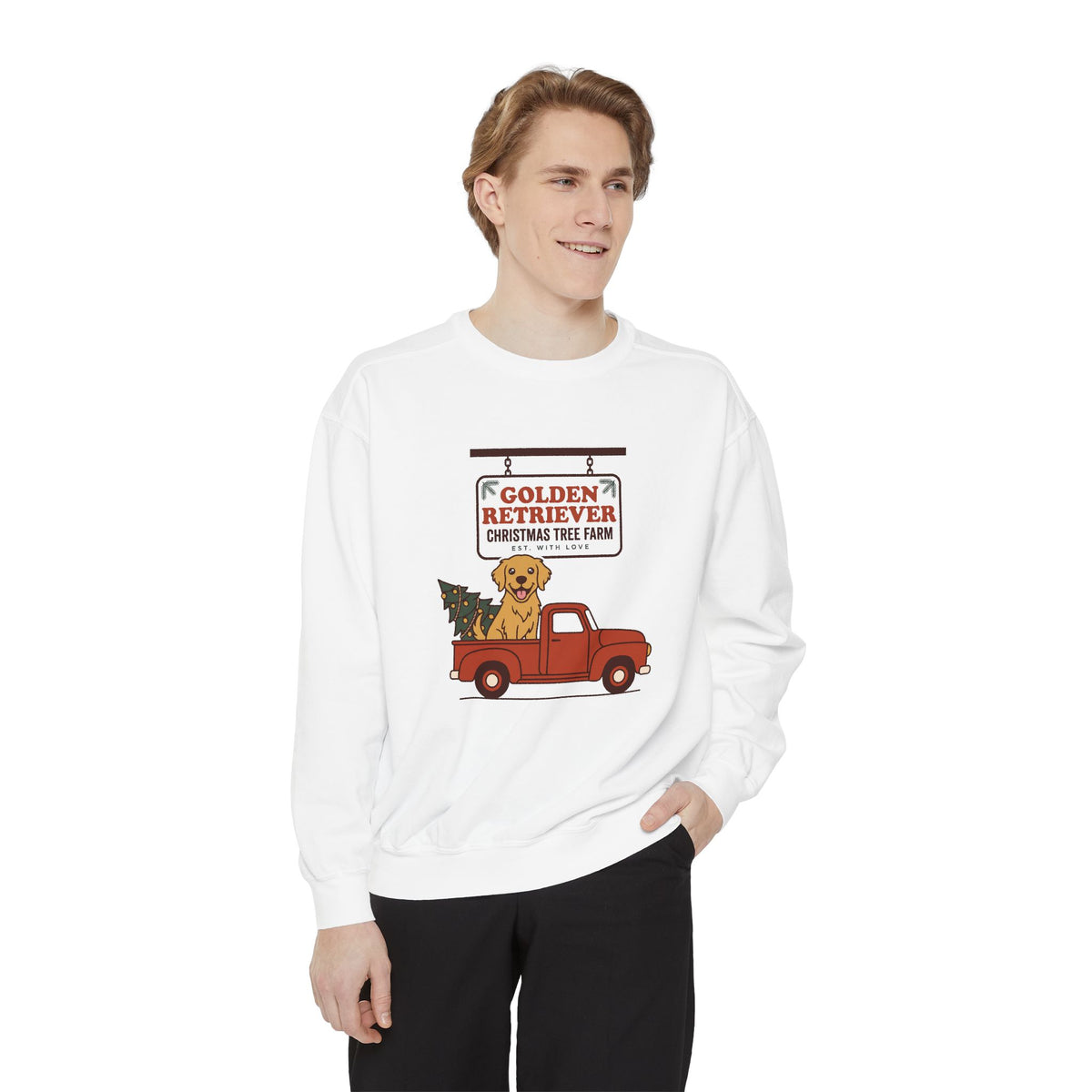 Golden Retriever Christmas Sweatshirt, Red Truck Christmas Tree Farm Comfort Colors Crewneck
