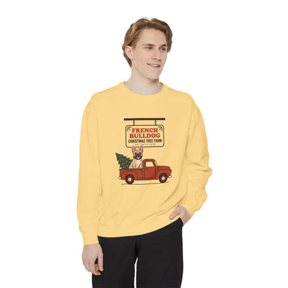 French Bulldog Christmas Sweatshirt, Red Truck Christmas Tree Farm Comfort Colors Crewneck