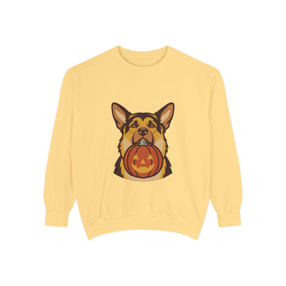 German Shepherd Halloween Sweatshirt — Dog with Pumpkin Comfort Colors Crewneck