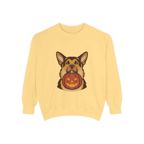 German Shepherd Halloween Sweatshirt — Dog with Pumpkin Comfort Colors Crewneck