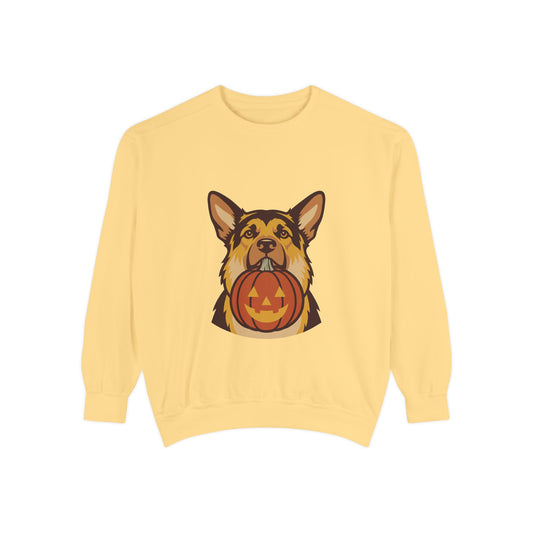 German Shepherd Halloween Sweatshirt — Dog with Pumpkin Comfort Colors Crewneck