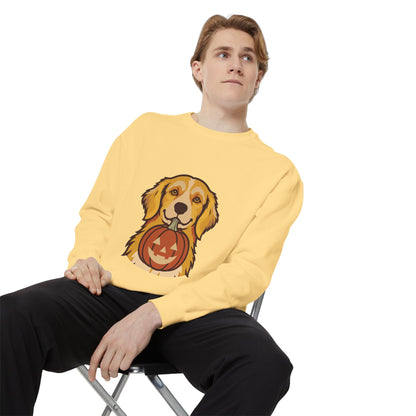 Golden Retriever Halloween Sweatshirt — Dog with Pumpkin Comfort Colors Crewneck