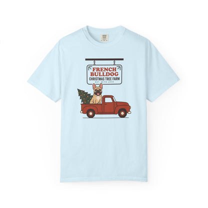 French Bulldog Christmas Shirt, Red Truck Christmas Tree Farm Comfort Colors Tee
