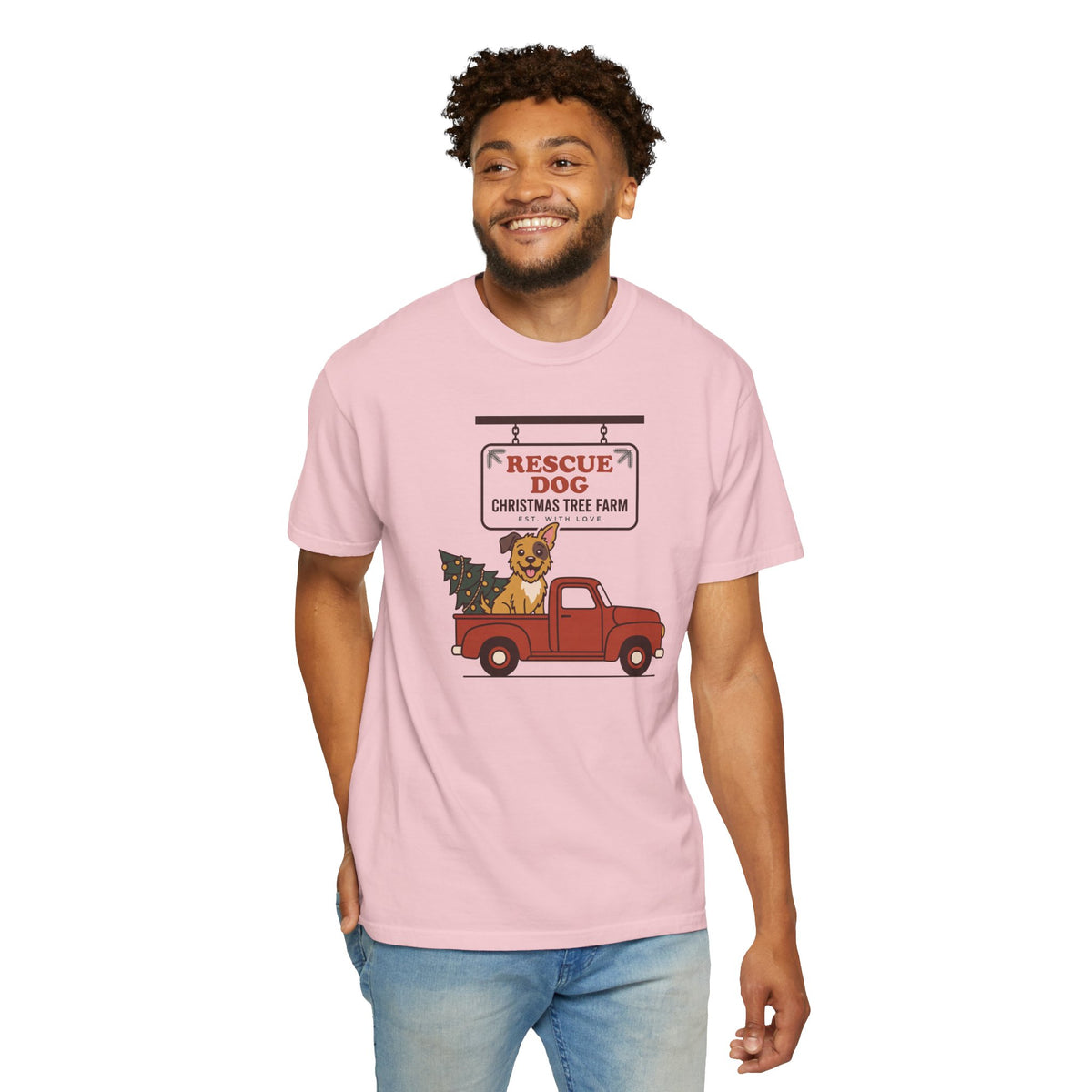 Rescue Dog Christmas Shirt, Red Truck Christmas Tree Farm Comfort Colors Tee