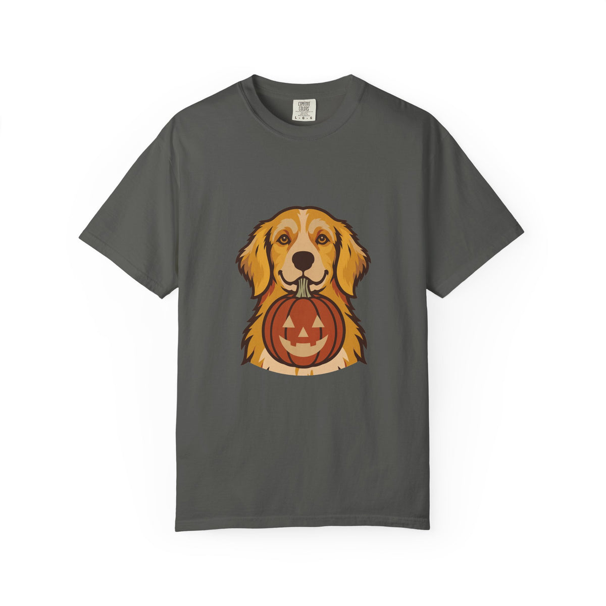 Golden Retriever Halloween Shirt — Dog with Pumpkin Comfort Colors Tee