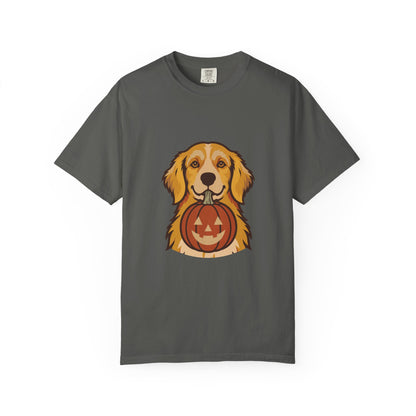 Golden Retriever Halloween Shirt — Dog with Pumpkin Comfort Colors Tee